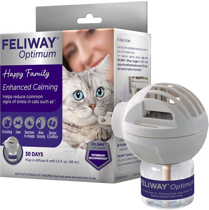 Feliway ® أوبتيموم 30 يومًا جهاز تهدئة القطط مع فواحات الفيرومونات، 48 مل - يساعد في تقليل علامات التوتر الشائعة لدى القطط والهررة، تهدئة محسّنة - Image 1